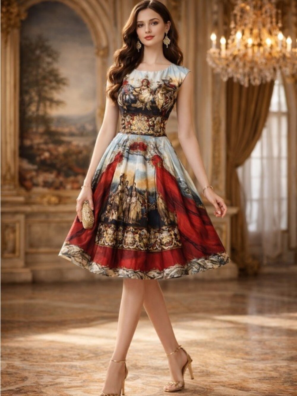 Via Silk Renaissance Art Print Silk Blend Dress Small Royalcore Baroque